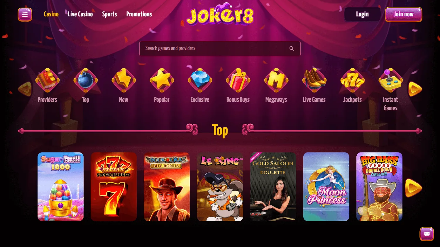 Joker8 Casino games lobby on desktop