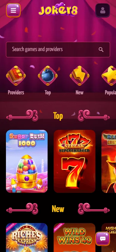Joker8 Casino games lobby on a mobile device