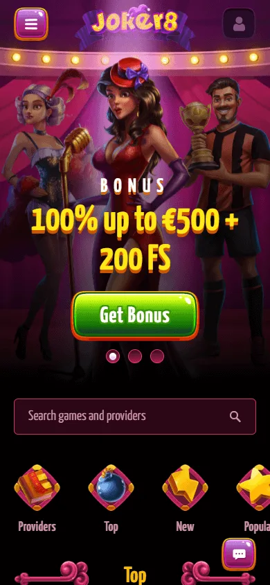Joker8 Casino home screen on a mobile device