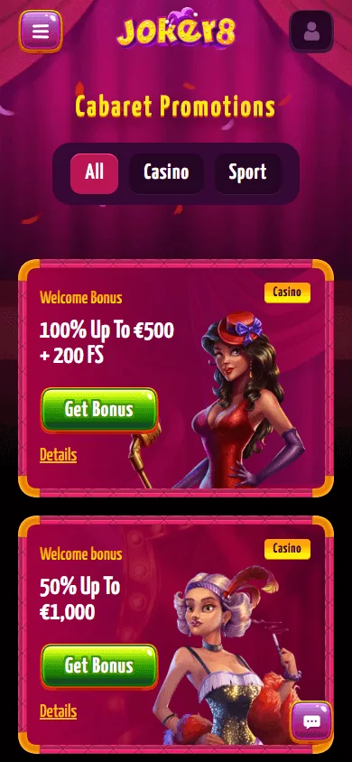 Joker8 Casino promotions area on a mobile device