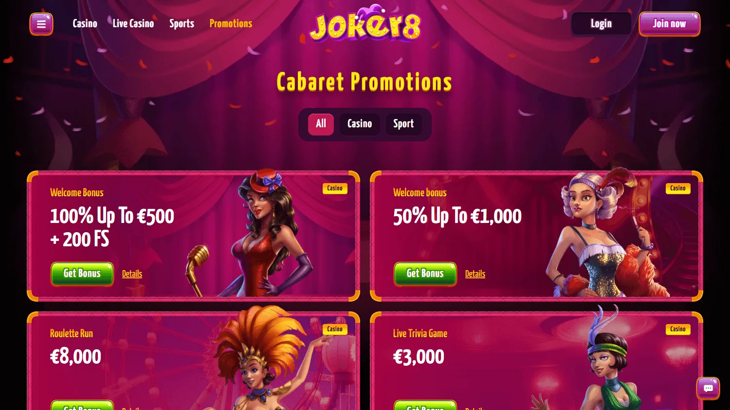 Joker8 Casino promotions area on desktop
